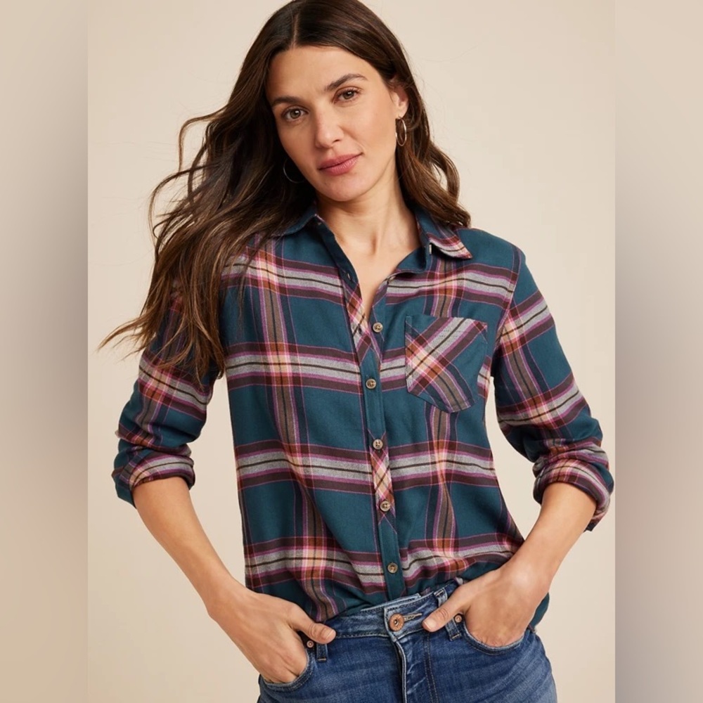 NWOT Maurices Teal and Pink Plaid Button-Down Shirt